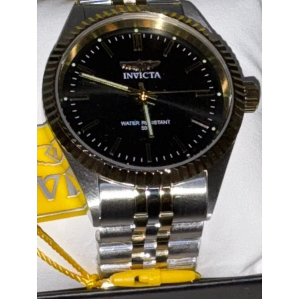 Invicta Men’s Two-Tone SS Quartz Watch Black/Gold Dial 50m w/Box Stainless Band